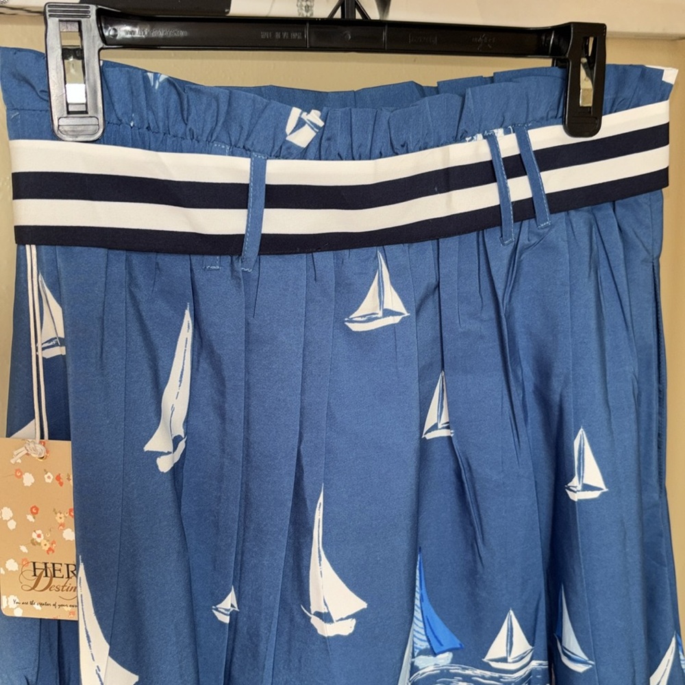 Pleated, A-Cut Sailboats on the Ocean With Stripes Fabric Belt (Size-M) - Picture 6 of 11